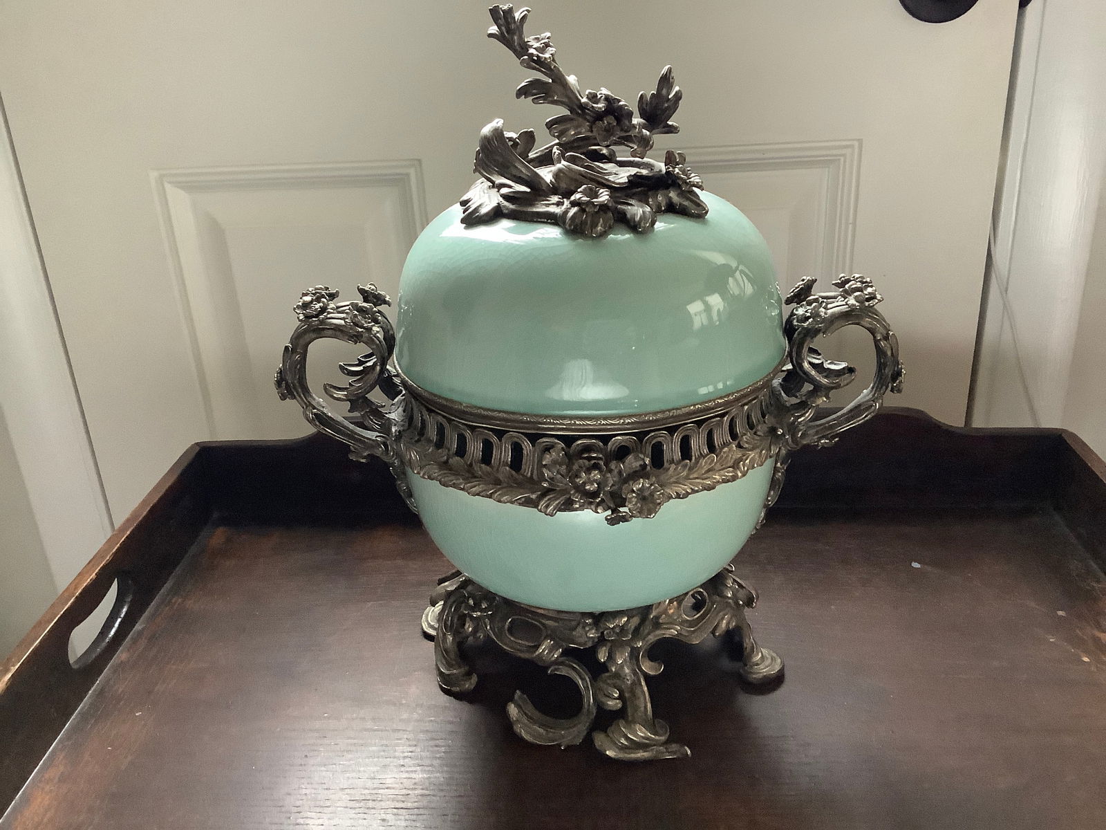 Asian Silvered Celedon Bronze Mounted Porcelain Lidded Vessel