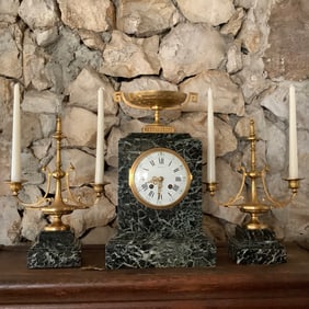 19th Century French Raingo Freres Paris Clock and Garniture Set, Green marble