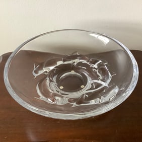 Daum France Signed Clear Crystal Large Dolphin Centerpiece Bowl
