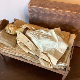 RARE American Primitive Wooden Joel Ellis Doll Circa 1873 with Bed, Mattress and Quilt