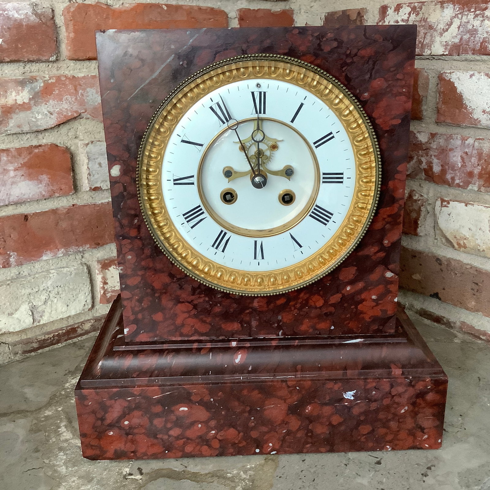 Antique Pinchon Fils Aine Paris Red Marble Mantle Clock: Full Exposed Escapment Madialle De Bronze L Marti Et C (very heavy)
