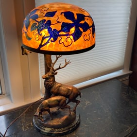 Cameo Glass & Bronze Deer Table Lamp on Marble Base