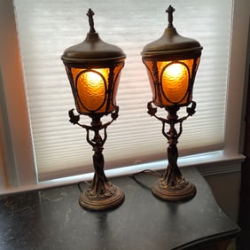 Antique Art Nouveau Figural Lamps with Amber Textured Glass Shades