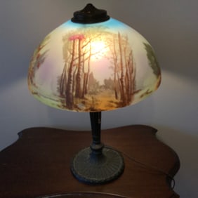 RARE Antique Pittsburg Lamp, Brass And Glass Co 1806 (PILABRASGO) with Reverse Painted Shade