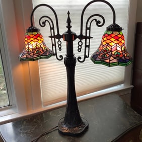 Antique Student Desk Lamp, Stained Glass Shades
