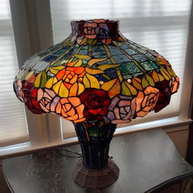 Rose Stained Glass Lamp with Stained Glass Vase Base