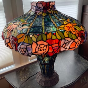 Rose Stained Glass Lamp with Stained Glass Vase Base