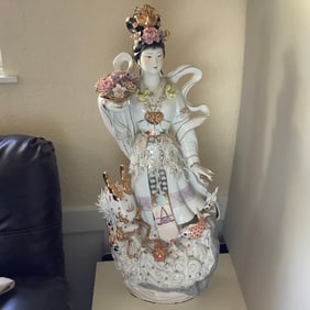 Chinese Porcelain Highly Detailed Statue, Geisha with Dragon, Koi Fish, Holding Flowers