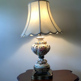 Antique Capodimonte Table Lamp on pierced brass mount with dolphin pedestal base