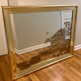 Large Asian Chinoiserie Mirror with Gold Pagodas and Wide Gold Frame