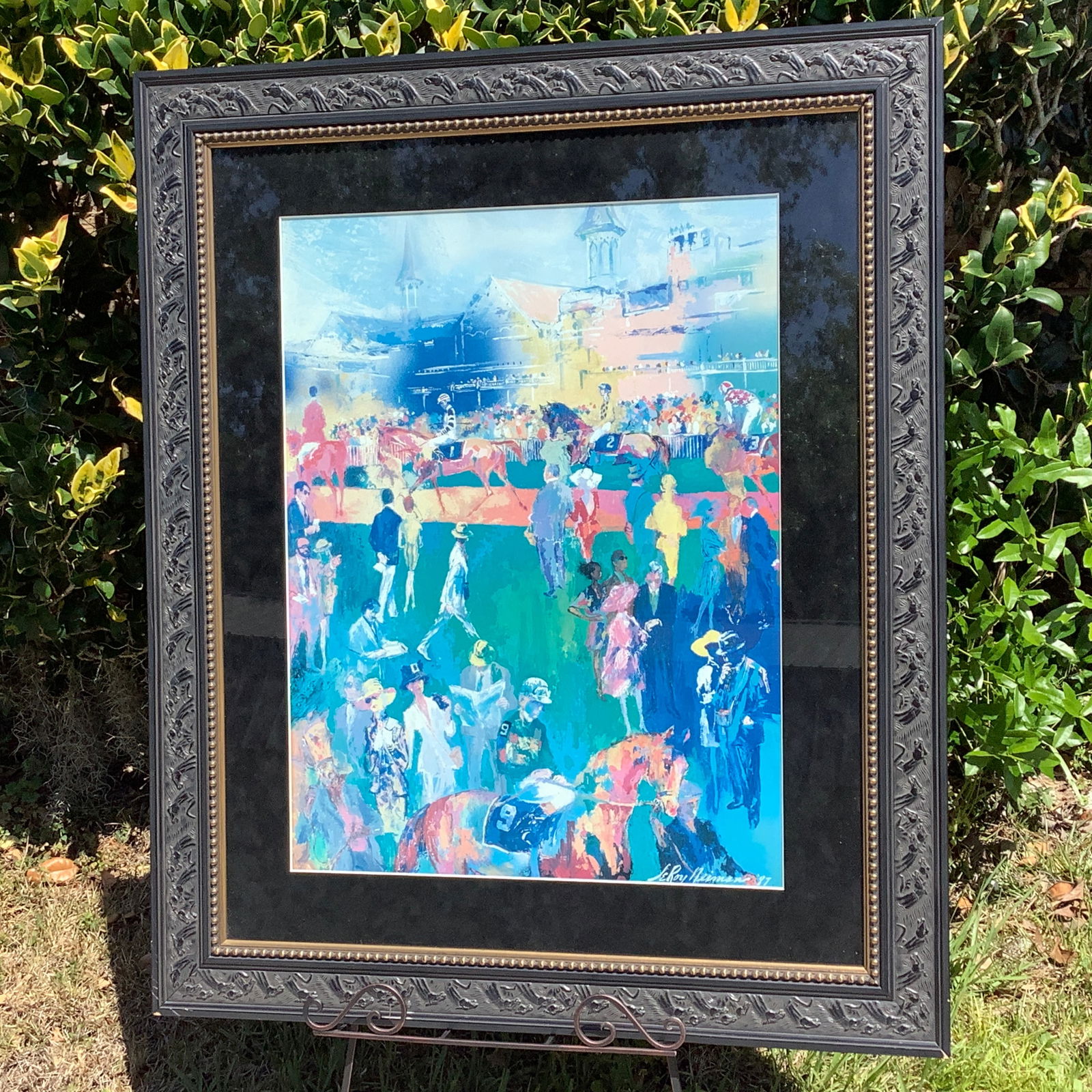 "Derby Day Paddock" Serigraph by LeRoy Neiman, 1997 with Amazing Carved Horse Framing (1 of 19)