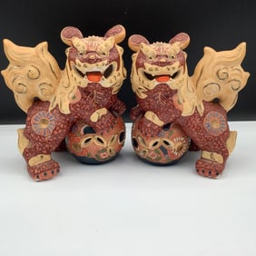 Genuine Pair of Kutani Shishi or Foo Dogs, Signed and Labeled