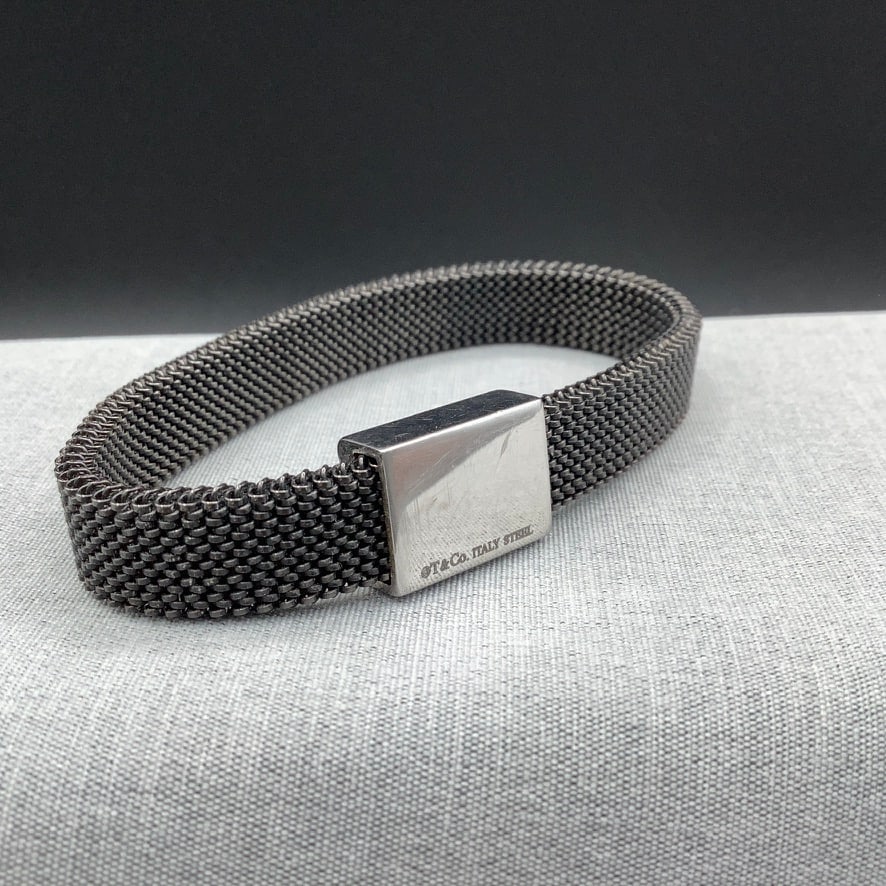 Tiffany and Co Italy Steel Mesh Bracelet, Unisex: Authentic Tiffany with label on steel slide pendant