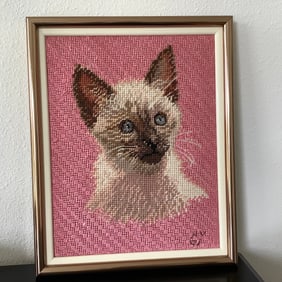 Framed Signed Needlepoint of Cat