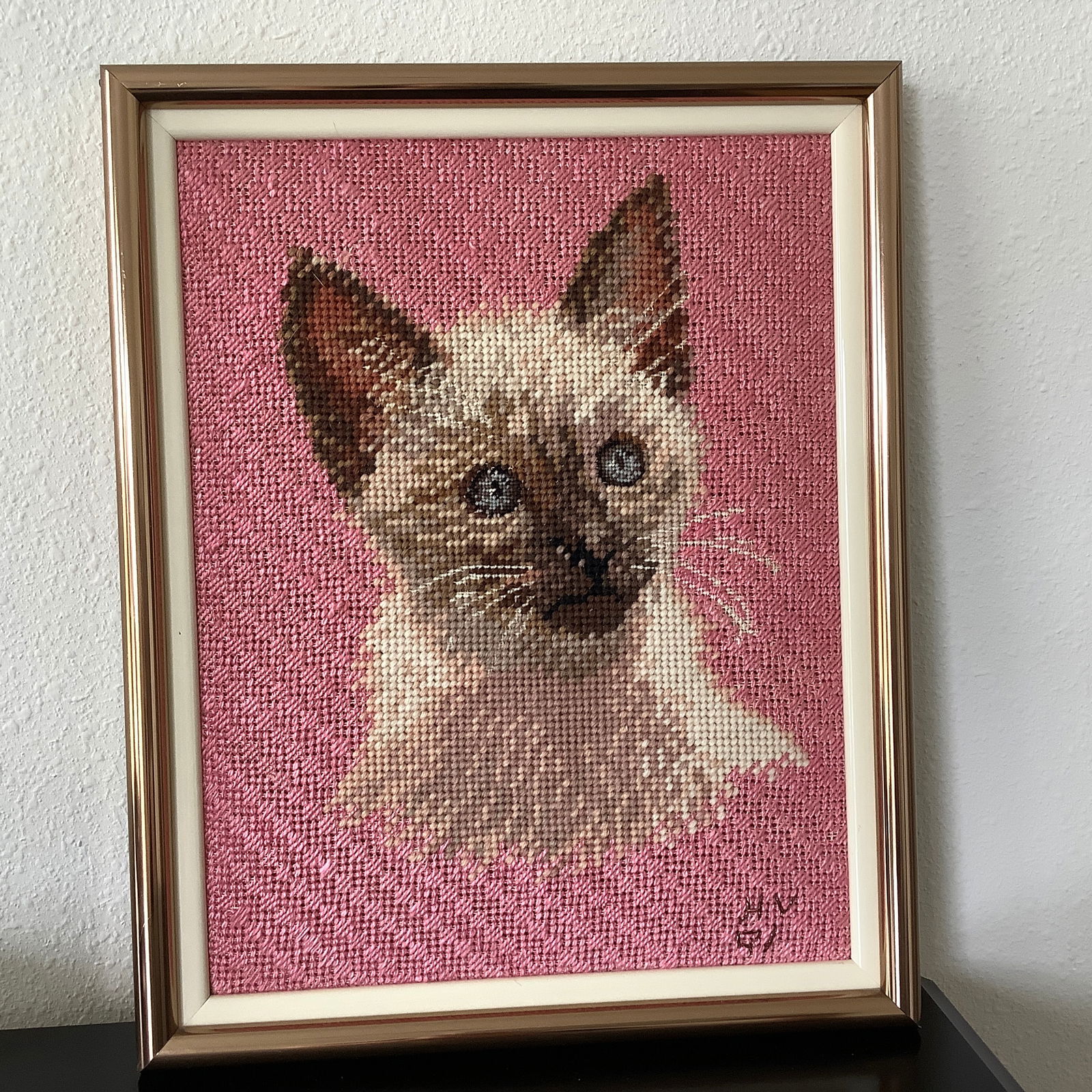Framed Signed Needlepoint of Cat (1 of 5)