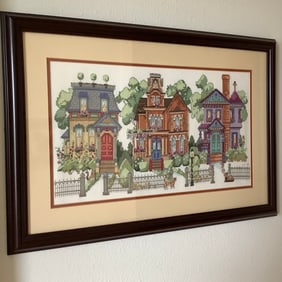 Needlepoint Framed Art of Victorian Houses Each with A Cat
