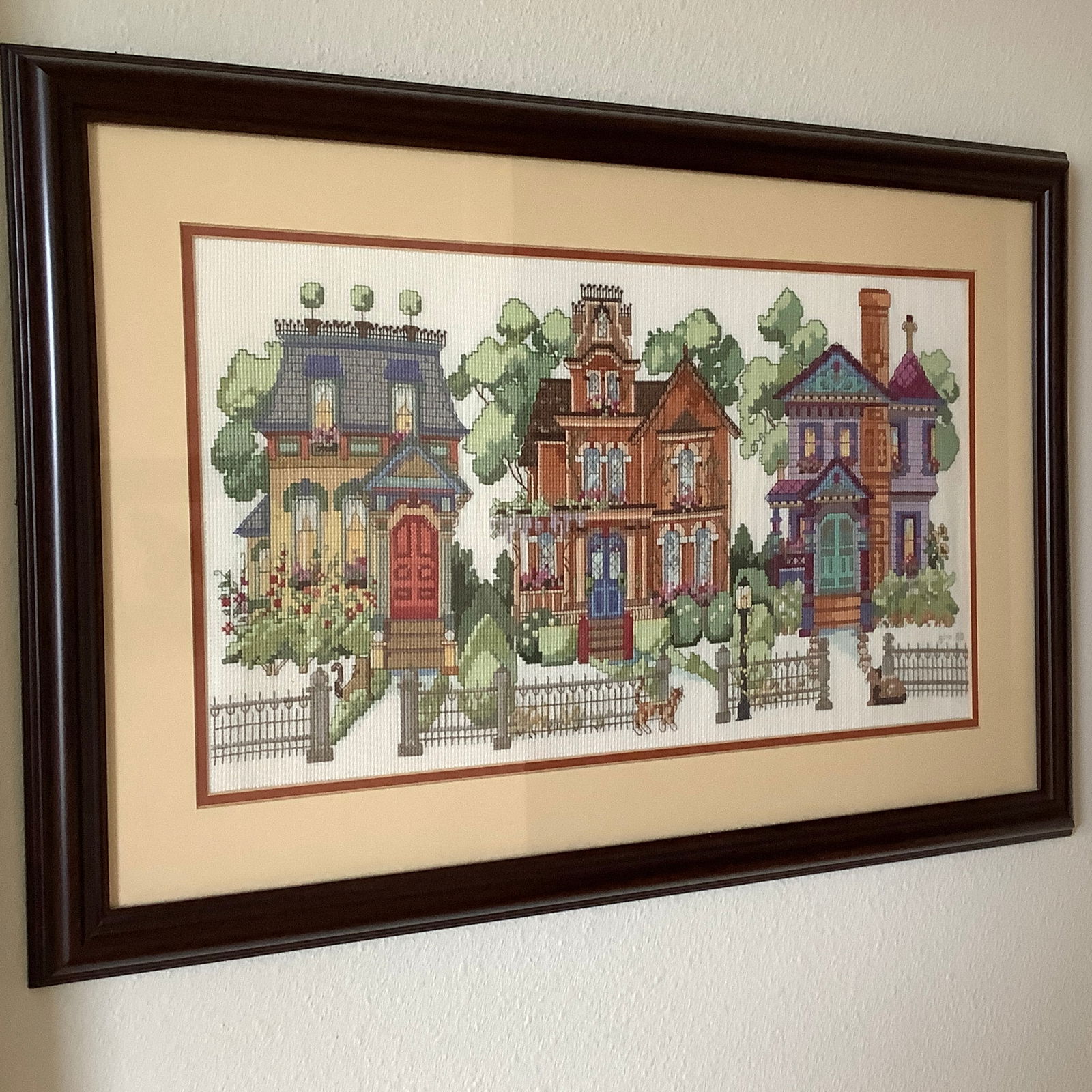 Needlepoint Framed Art of Victorian Houses Each with A Cat (1 of 9)