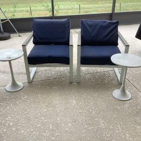 Hampton Bay Pair of Patio Chairs with Navy Cushions and 2 Tulip Tables