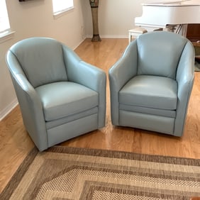 Pair of Mint Green Swivel Barrel Chairs, Leather-type Material