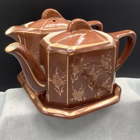 Vintage Tea for Two Hall 3 Piece Teapot Set, Brown Glaze with Gold Trim