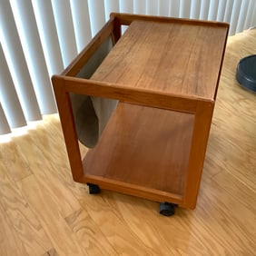 MCM Teak Rolling End Table with Magazine Hammock