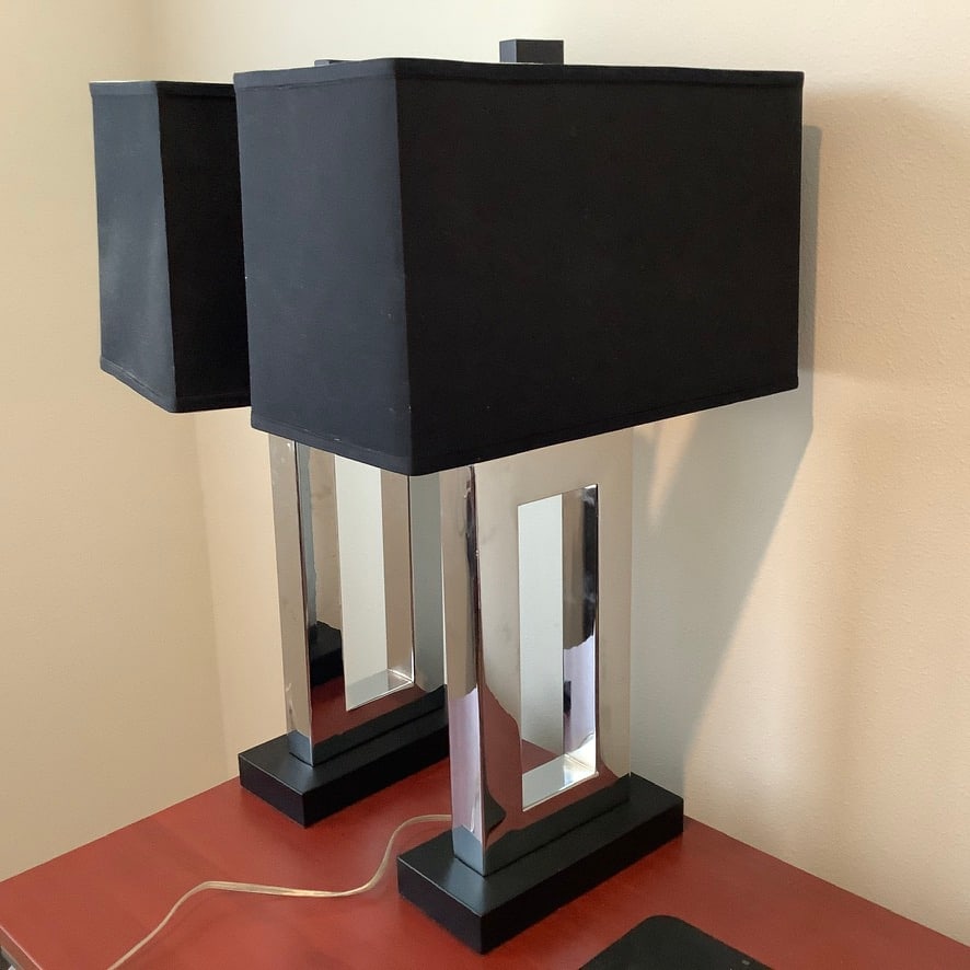 Pair of Modern Geometric Chrome Lamps with Black Fabric Shades (1 of 8)
