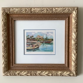 Watercolor Harbor Boat Scene, Signed Lithograph