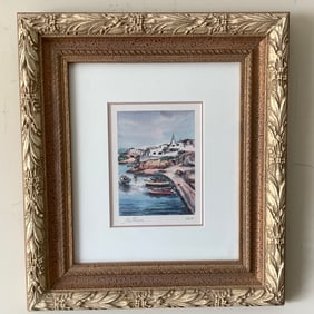 Watercolor Church and Seaside Boats, Signed