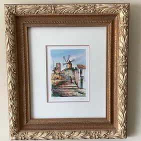 Watercolor Windmill and Stairs, Pencil Signed