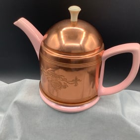 Vintage Pink Hall Teapot with Carved Copper Cozy, 1940s, "Made Exclusively For Forman Family Inc"