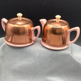 Vintage Pink Hall Sugar and Creamer with Copper Cozy, "Made Exclusively For Forman Family Inc"