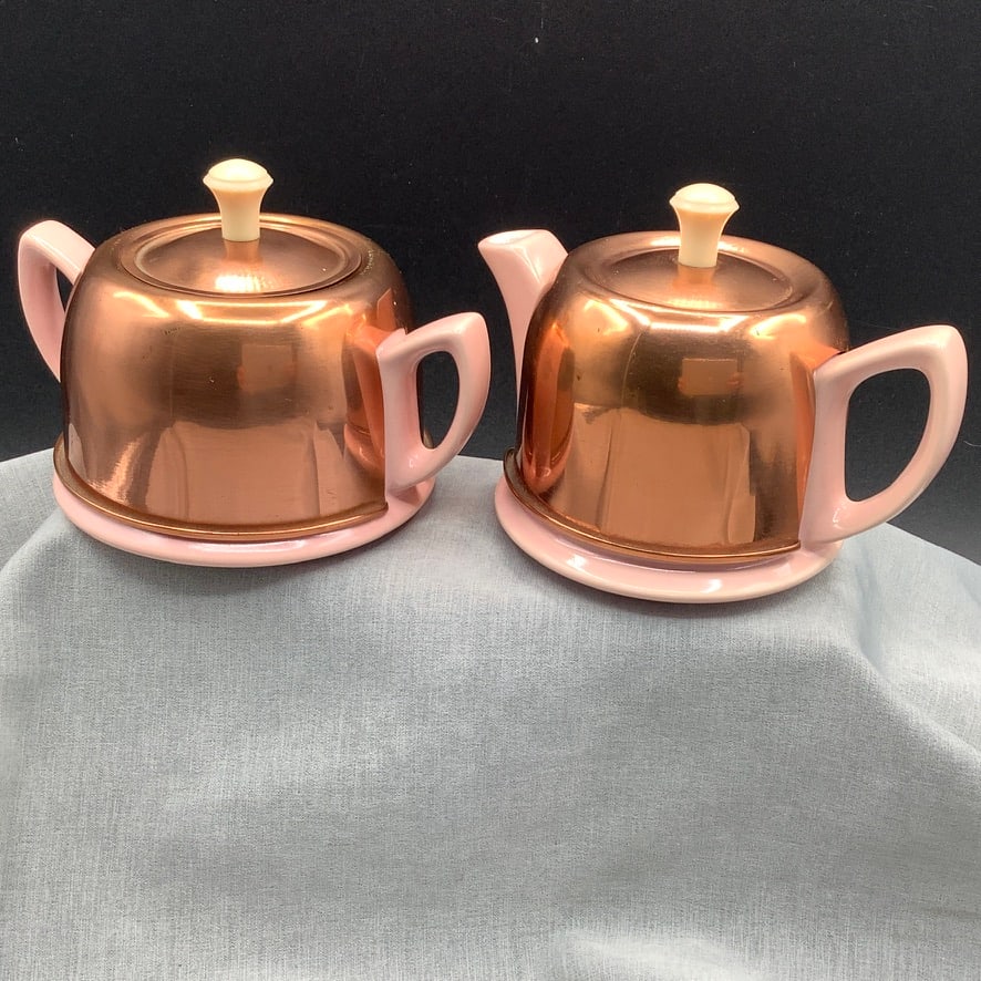 Vintage Pink Hall Sugar and Creamer with Copper Cozy, "Made Exclusively For Forman Family Inc": Made Exclusively For Forman Family Inc