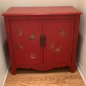 Red Chinoiserie Cabinet with Butterfly Design and Blue Interior