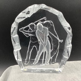 Nybro Sweden Etched Crystal Golf Paperweight