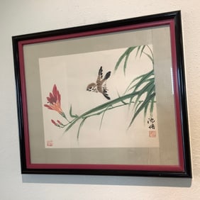 Watercolor and Ink Framed Chinese Art of Bamboo Leaves and Bird on Rice Paper, Signed
