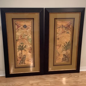 Pair of Safari Theme Vertical Art Prints with Leopards, Old World Style