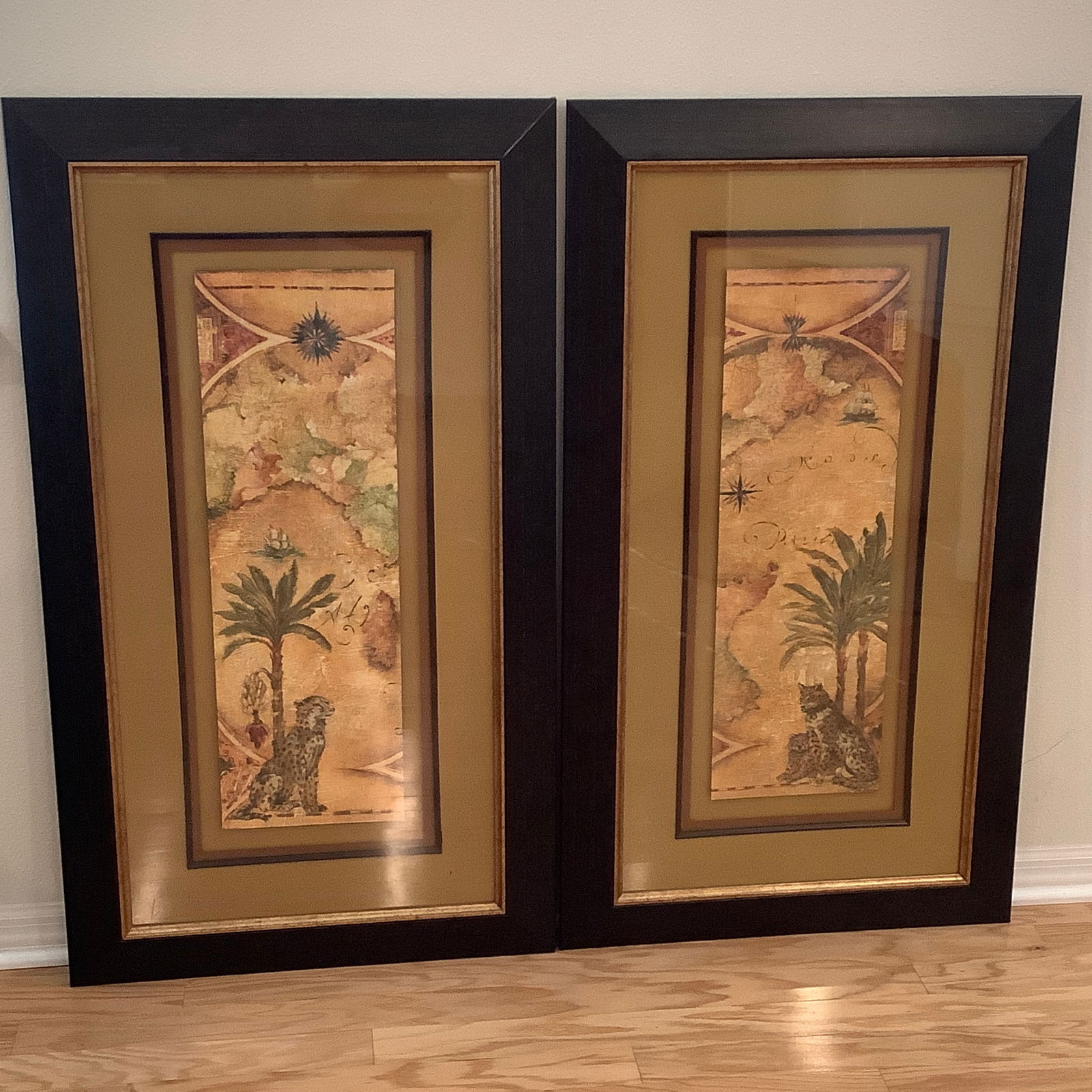 Pair of Safari Theme Vertical Art Prints with Leopards, Old World Style (1 of 15)