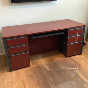 Modern Desk with Charcoal Gray Ribbed Accents and 6 Drawers