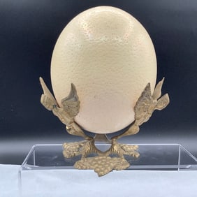 Ostrich Egg on Brass Stand with 3 Winged Angels with Instruments