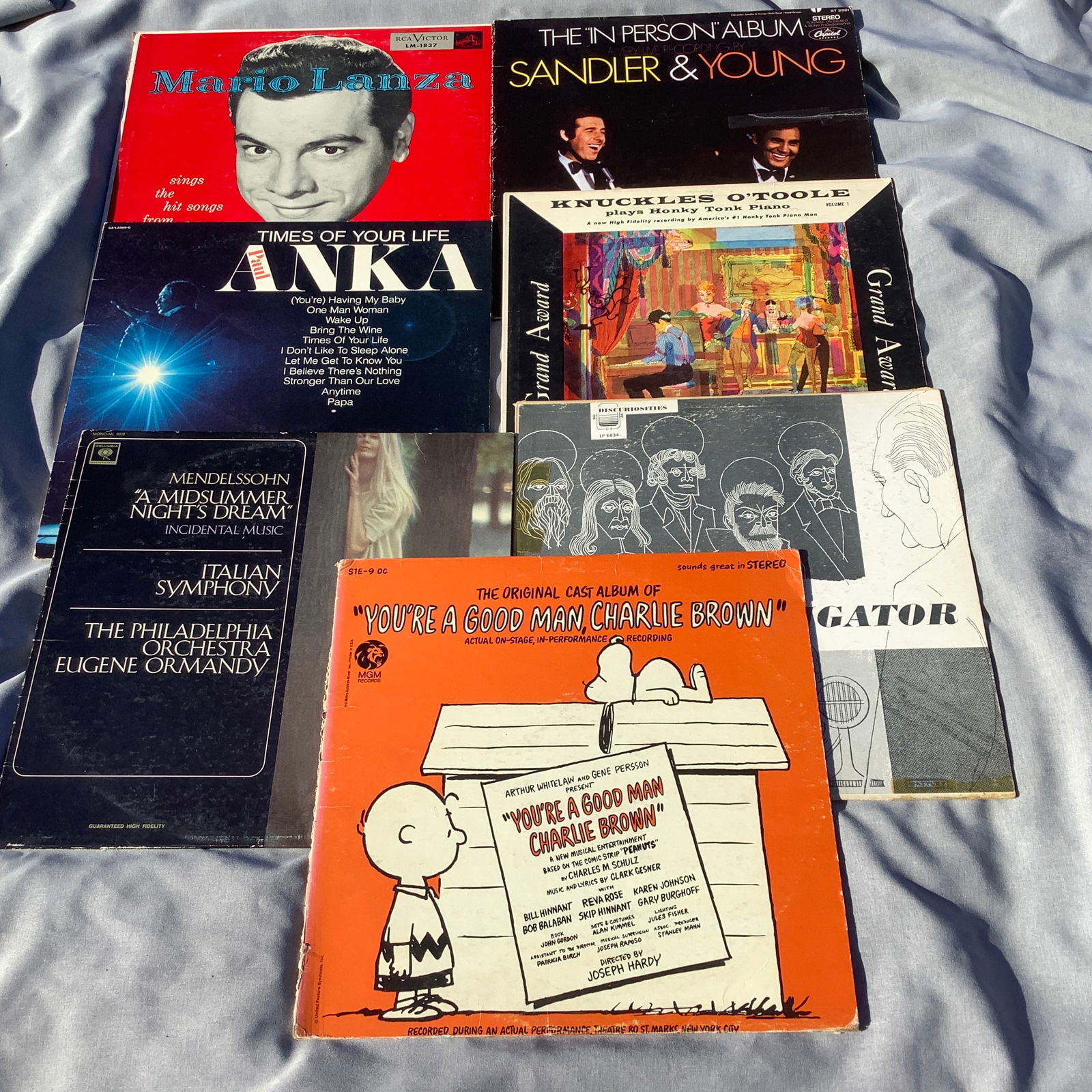 7 Vinyl Records-Charlie Brown, Mario Lanza, Sandler & Young, Knuckles O'Toole, Midsummer Night's (1 of 14)