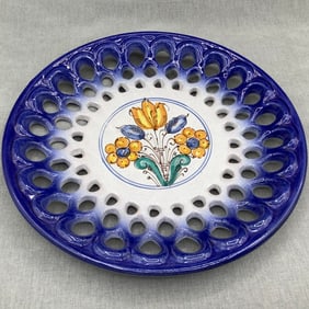 Hungarian Folk Art Reticulated Stoneware Hand Painted Plate, Artist Signed
