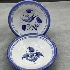 Hungarian Folk Art Stoneware Hand Painted Pair of Small Bowls, Artist Signed