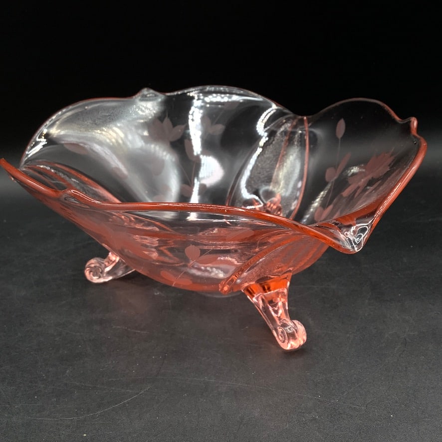 Pink Depression Glass Floral Etched 3 Footed Candy Dish (1 of 8)