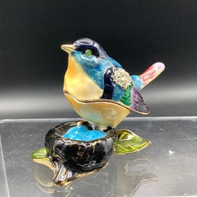 Colorful Enameled Bird on Nest Trinket Box