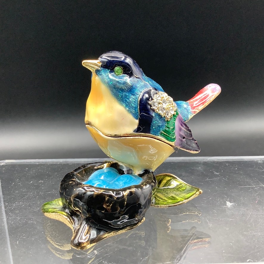 Colorful Enameled Bird on Nest Trinket Box: Jeweled eyes and wings with high gloss enameled finish