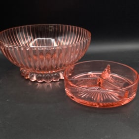 Pink Depression Glass: Divided Relish Dish and Ribbed Bowl
