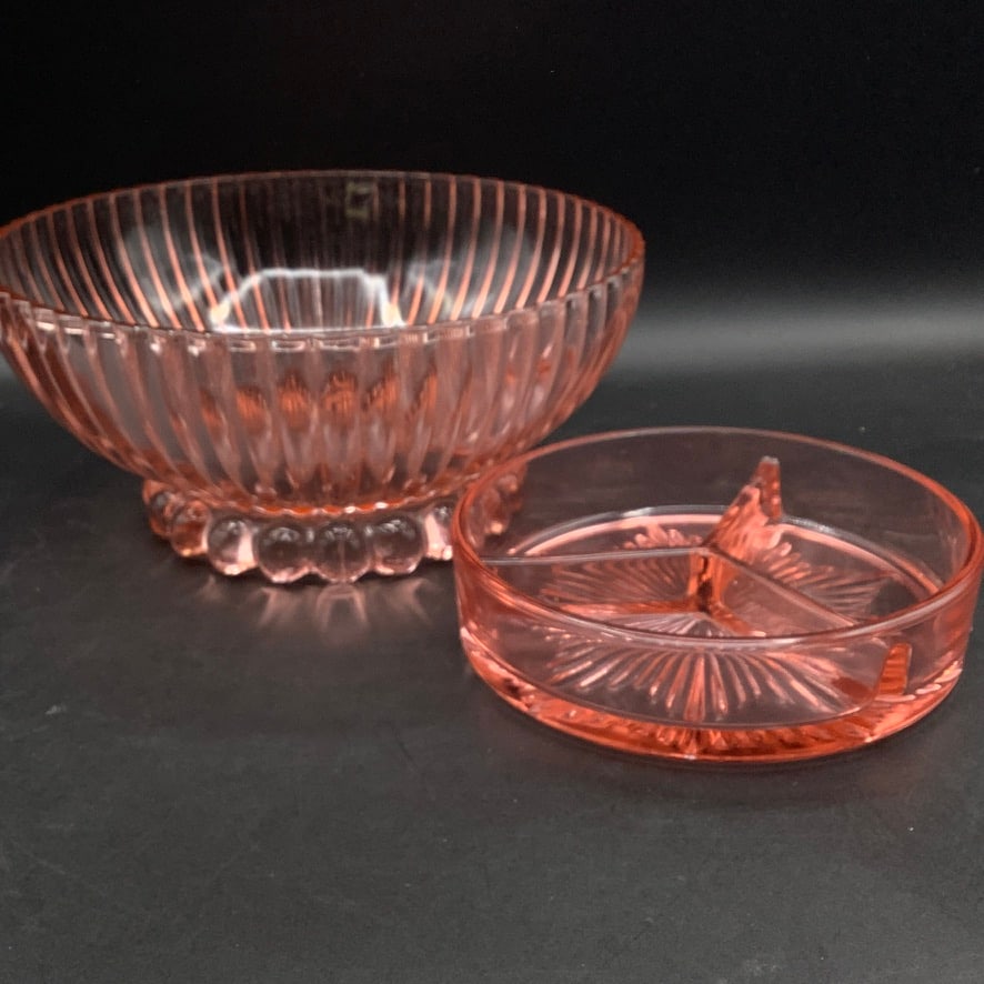 Pink Depression Glass: Divided Relish Dish and Ribbed Bowl (1 of 7)