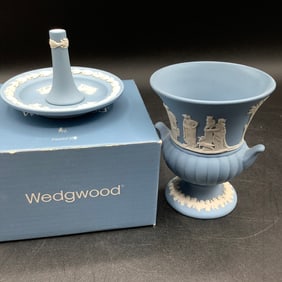 Wedgwood Light Blue Jasperware Pair: Ring Stand with Box and Mini Grecian Urn Vase