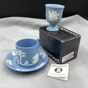 Wedgwood Light Blue Jasperware Pair: Tea Cup w/ Saucer and Mini Fluted Vase with Box