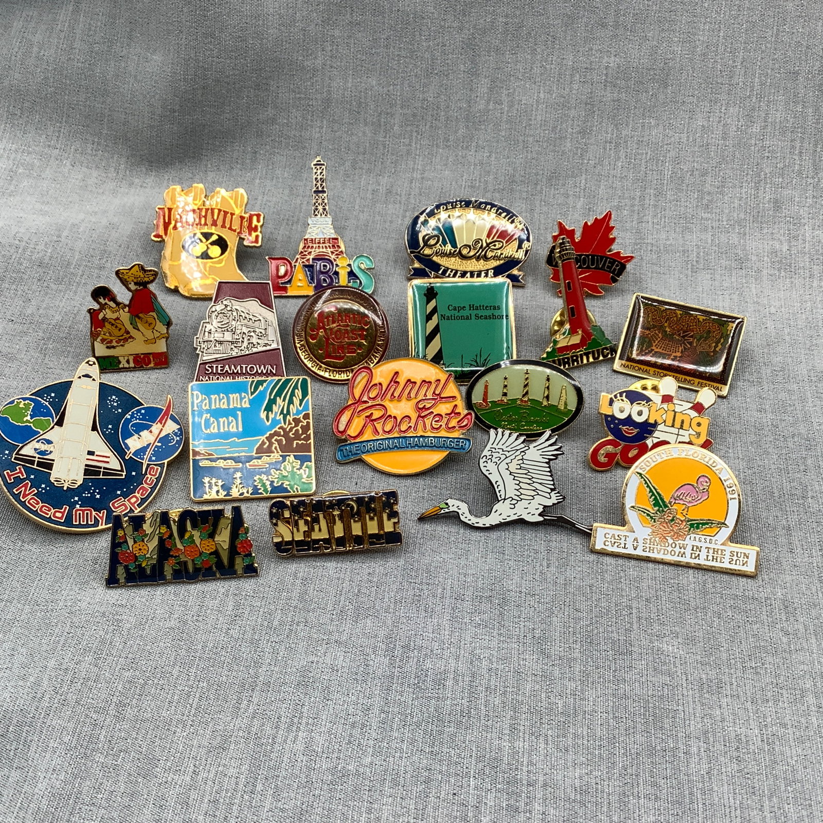 Collectible Pins, Travel, NASA, RR, Lighthouses and more: Panama Canal, Alaska, Seattle, Johnny Rockets, Egret, South Florida 1991 Cast a Shadow in the Sun, Looking Good Bowling, Outer Banks NC Lighthouses, Vancouver, National Storytelling Festival, Cape Hat